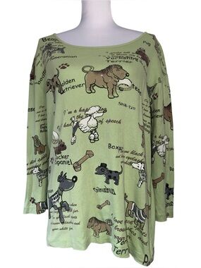 VTG Lighthouse Apparel Dog Print Top Womens Green Long Sleeve Tunic Puppy Shirt